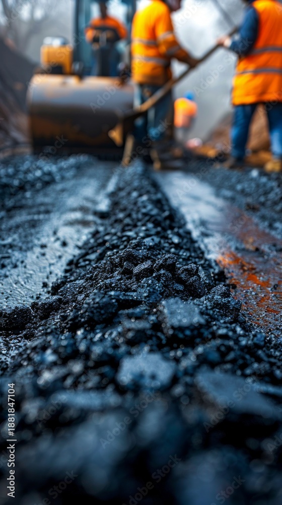 Naklejka premium Workers in bright vests lay asphalt, demonstrating the process of road repair — an excellent backdrop for materials on infrastructure projects and urban development.