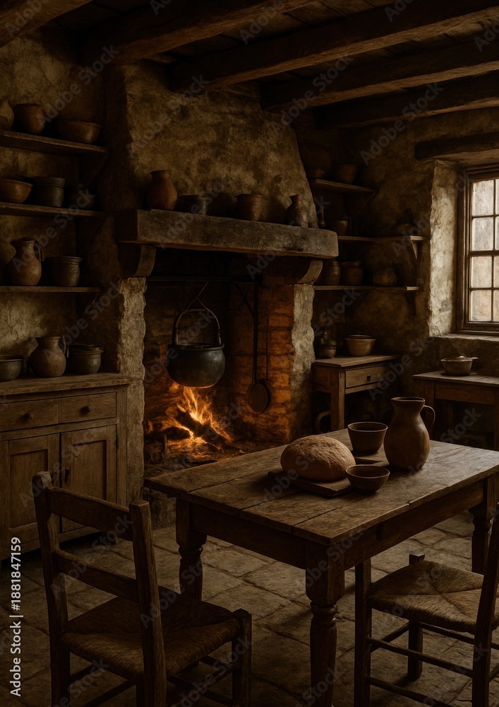 Naklejka premium Rustic warmth in vintage kitchen.