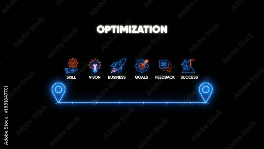 Fototapeta premium Optimization concept with and glowing blue line on black background skill vision business goals