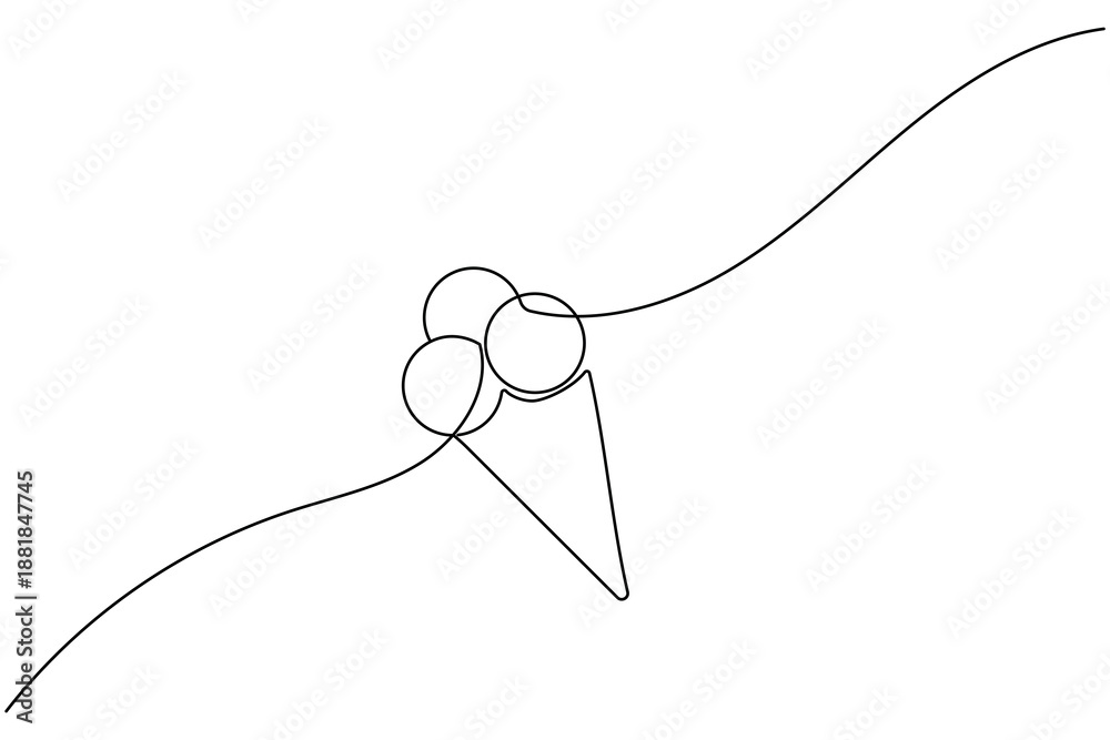 Obraz premium Minimalist continuous line drawing of an ice cream cone with three scoops