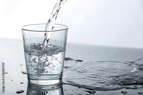 water to drink poured into a glass on blue background studio shot