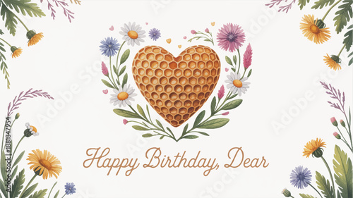 heart shaped honeycomb surrounded by colorful flowers and leaves on white background