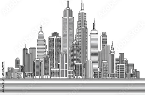 Detailed city skyline silhouette line art with various tall skyscrapers and office buildings