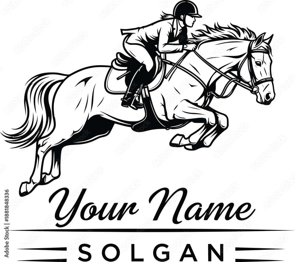 Naklejka premium Equestrian Logo Design with Female Rider and Horse Jumping in Elegant Black and White Illustration
