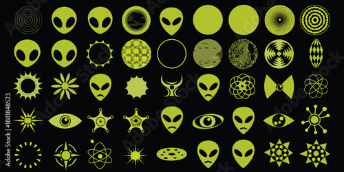 a collection of various green alien heads symbols and abstract geometric designs