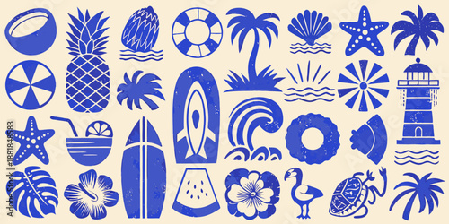 a collection of blue tropical icons and illustrations against a cream background