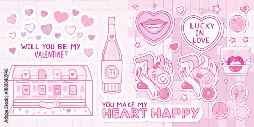 a whimsical valentine s day illustration featuring hearts love phrases and celebratory elements