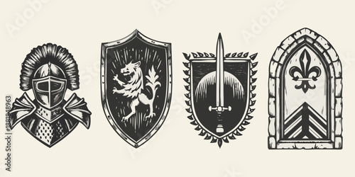 a vintage illustration featuring a helmet shield sword and ornate gothic archway design