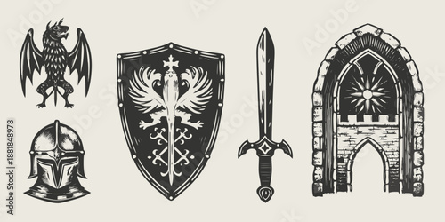 a detailed illustration of medieval heraldry including a shield sword helmet and ornate archway