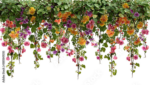 Pot of petunia flowers hanging on tree. Colorful summer flower in garden