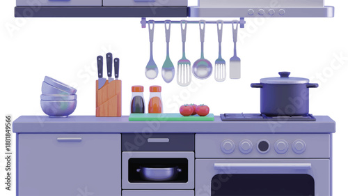 Kitchen counter with cooking utensils and appliances on white