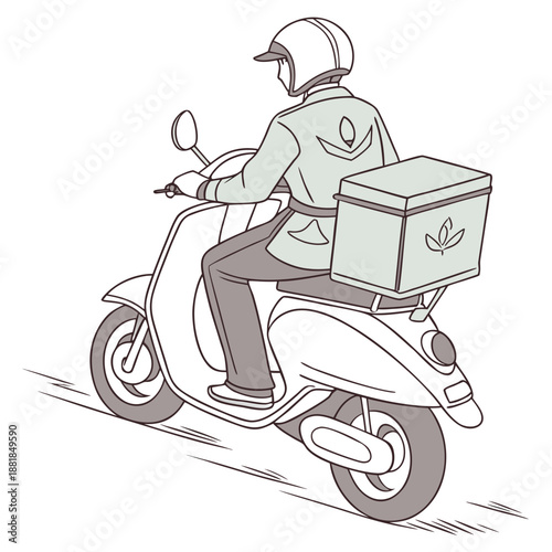 Soft realistic of a courier riding a scooter with a delivery box