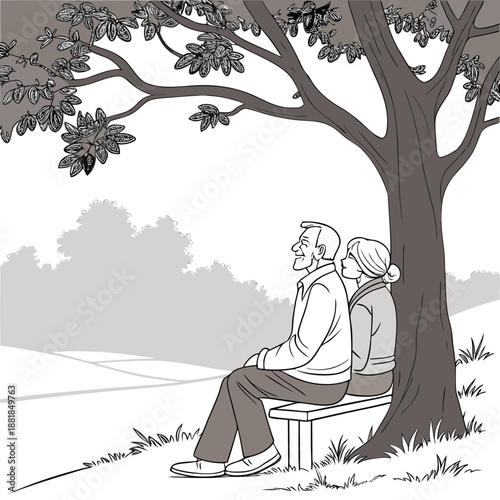 Elderly couple sitting on bench under tree old people