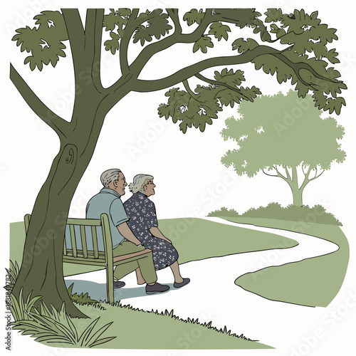Senior couple sitting on bench under tree in park old people