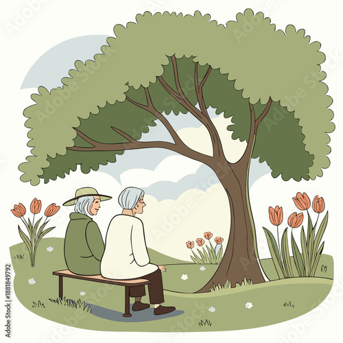 Elderly couple sitting on bench under tree with tulips