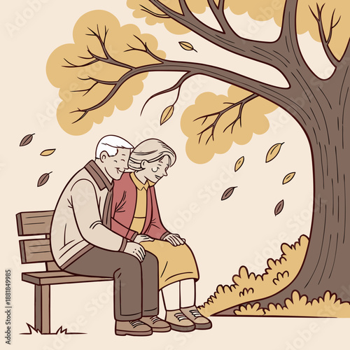 Elderly couple sitting on bench under tree with falling leaves