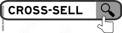Search banner in word cross sell with hand over magnifier icon on white background