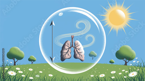 lungs protected by a bubble in a green landscape with sun