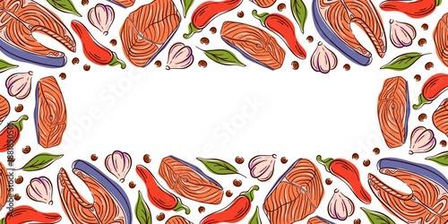 Seafood border illustration with salmon steak, chili pepper, garlic and herbs in flat style. Culinary background for wallpaper, recipe book and food design.