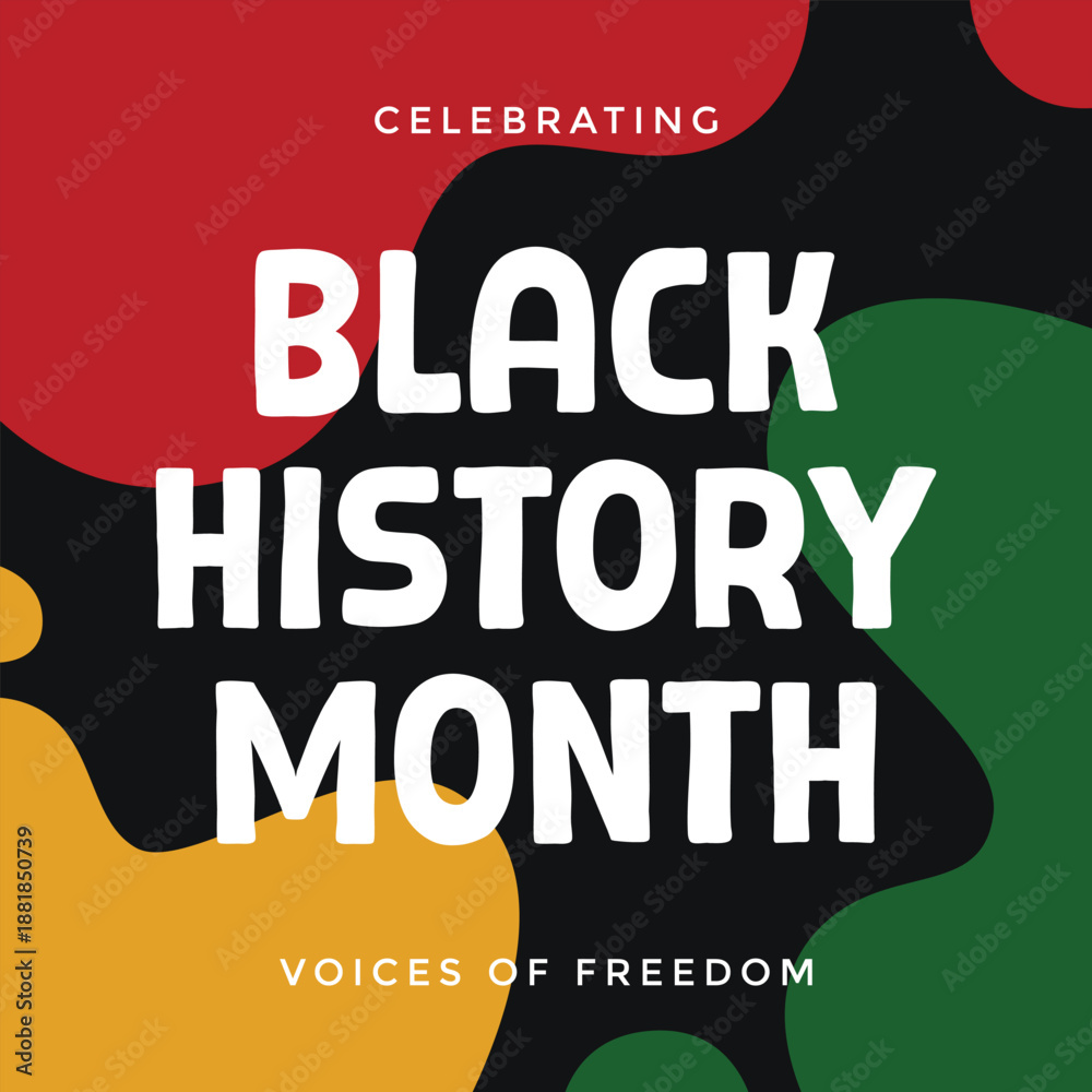 Fototapeta premium Black History Month greeting with bold typography against an abstract background with red, yellow, green, and black colors ideal for celebrations, social media post, and cultural promotions.