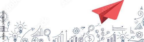 Red paper airplane flying over business growth chart with ideas light bulbs and arrows illustrations on grey checkered background vector