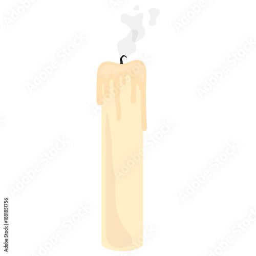Extinguished candle icon. Grey smoke swirl. Vector wax object. Burning end concept.