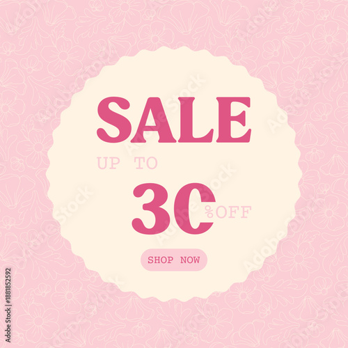 Floral sale banner with pink flowers and soft pastel background. Spring discount design with sale text and shop now button. Vector illustration for online shop, social media and marketing.