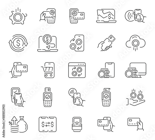Linear icon set of 50 elements covering online and offline payments. From cash and cards to e-wallets and contactless systems.
