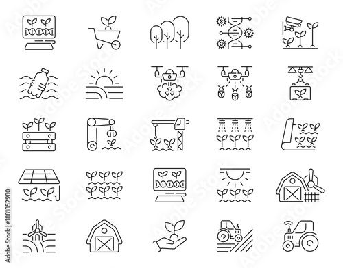 50 detailed linear icons focused on agriculture, rural life and farming tools. Great for food production, organic farming and sustainability designs.