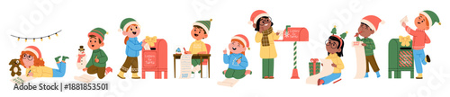 Cute children writing wish list letters and sending envelops to Santa Claus isolated set on white