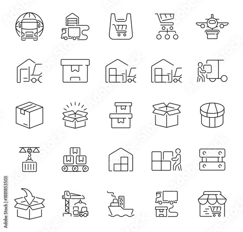 Post delivery, mailboxes, envelopes, parcels, and courier transport set of 50 linear icons
