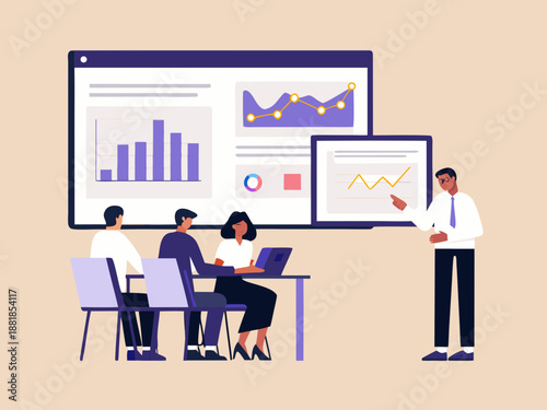 Business presentation with data analysis team meeting and insightful discussion displayed