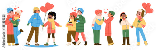 Romantic teenage couples in cozy winter fashion holding hands and hugging walming outdoors set