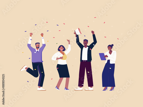 Celebratory team of four people rejoicing with confetti falling down