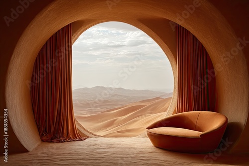 Curved room featuring a desert view through a round window, framed with draped curtains