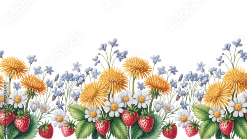 Strawberries and wildflowers border with green leaves and colorful blooms