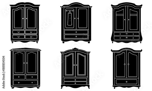 Six Black Wardrobes with White Outlines on White Background closet furniture