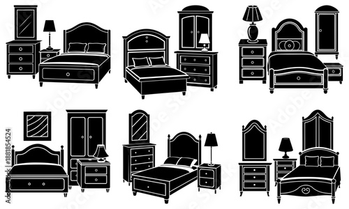 Black and White Bedroom Furniture Set Silhouettes on White Background nightstand dresser