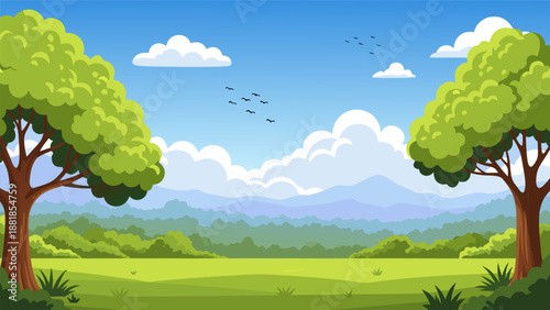 Beautiful Green Landscape Vector Illustration with Trees, Sky, and Birds in a Peaceful Natural Scenery
