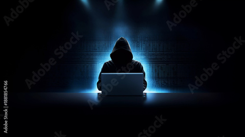 Photos Anonymous person in a dark black hoodie works on a glowing blue laptop, symbolizing a mysterious hacker, cyber threat, internet crime, and data protection concept