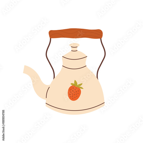 Vector illustration of a cute teapot with a wooden handle and strawberry decoration on the body. Isolated on a white background.