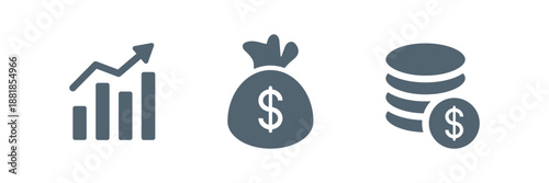 Finance icon set. Money icons. Business chart with arrow growth icon, money bag icon. Coins icon money signs. Growth chart icon in flat style