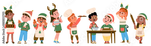 Cute children wearing aprons and chef hats baking Christmas gingerbread cookies isolated set