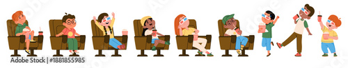 Cute kids characters watching movie with popcorn snacks and drinks isolated set on white background