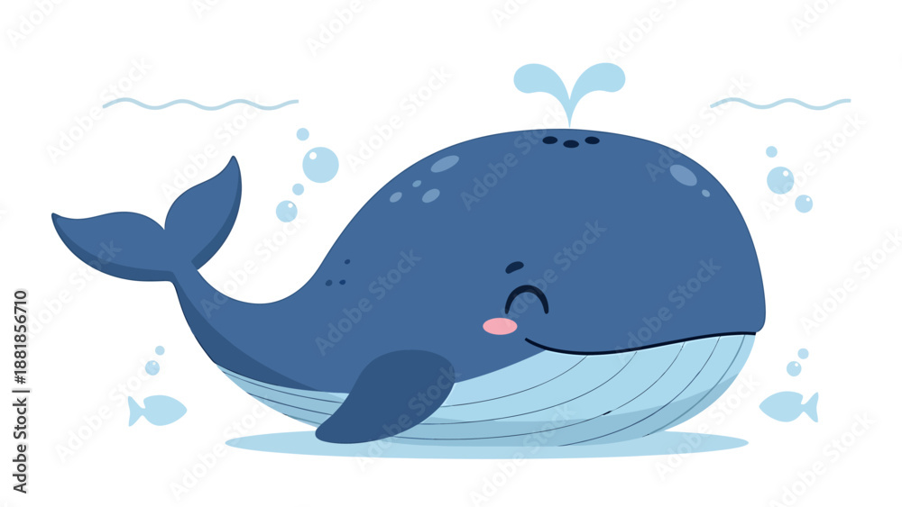 Obraz premium Cute Whimsical Vector Illustration of Smiling Blue Whale in Cartoon Style with Playful Water Spout and Small Fish Accents