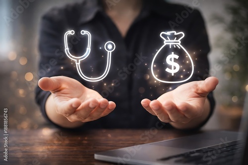 Businessman holding healthcare and finance symbols in hands, financial wellness concept