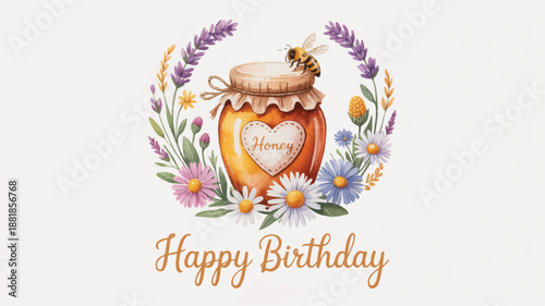 watercolor honey jar with flowers and bee happy birthday card