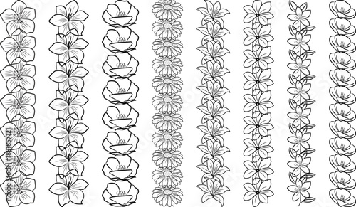 Collection of floral line art borders, vertical flower dividers and frames, botanical doodle seamless brushes for wedding and greeting card design.