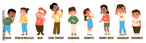 Little kids characters experiencing various symptoms flu or common cold isolated set on white