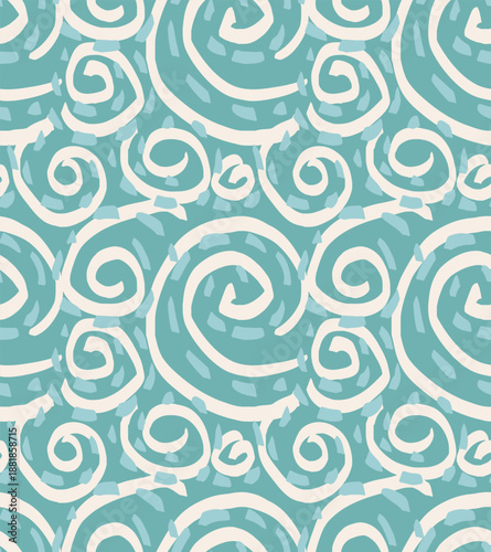 Seamless vector abstract pattern with white hand drawn spirals and aqua blue background. Modern artistic design for fabric, wallpaper, wrapping, stationery, and decor